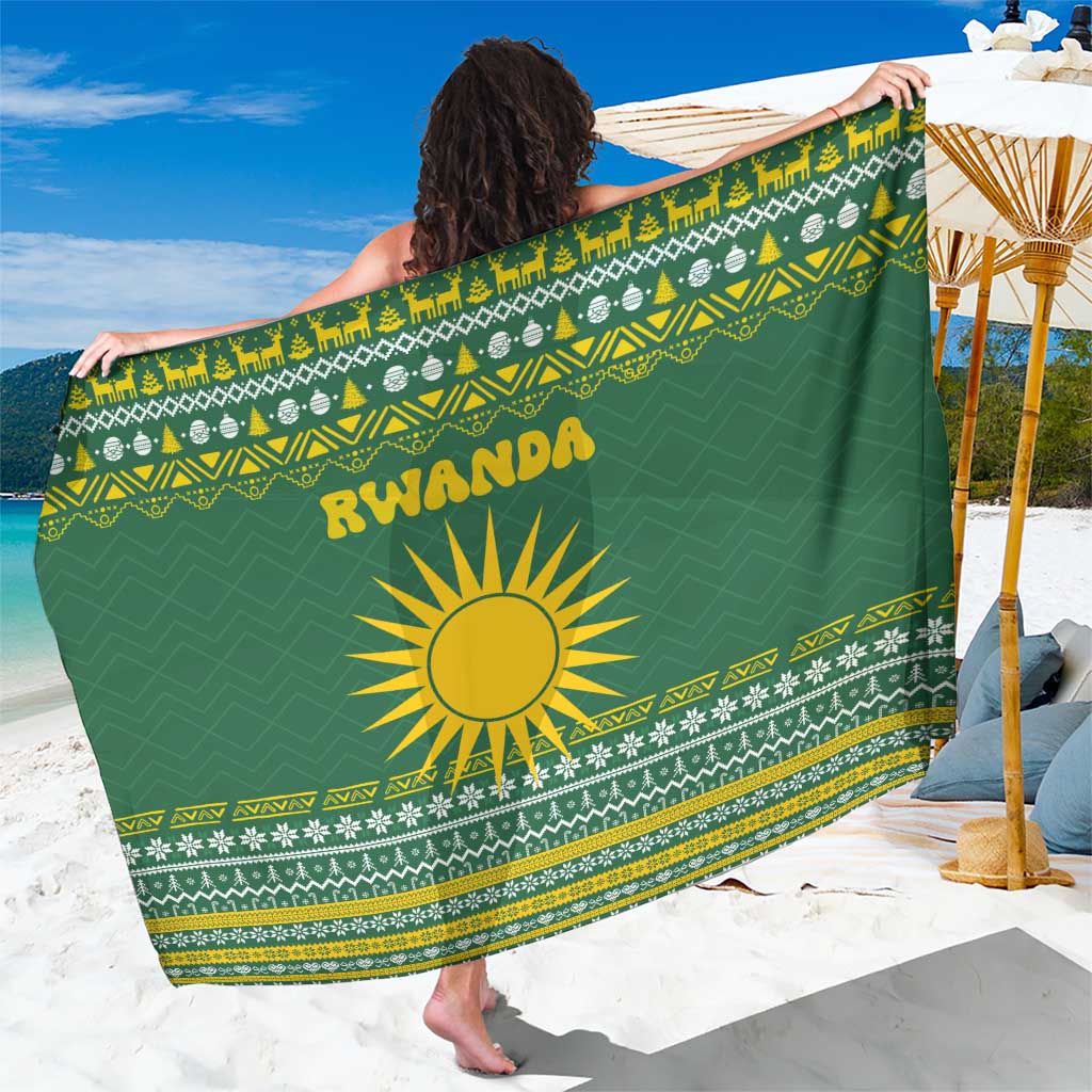 Rwanda Christmas Sarong with Green-Yellow Pattern, National Emblem, and Radiant Sun Motif - Wonder Print Shop