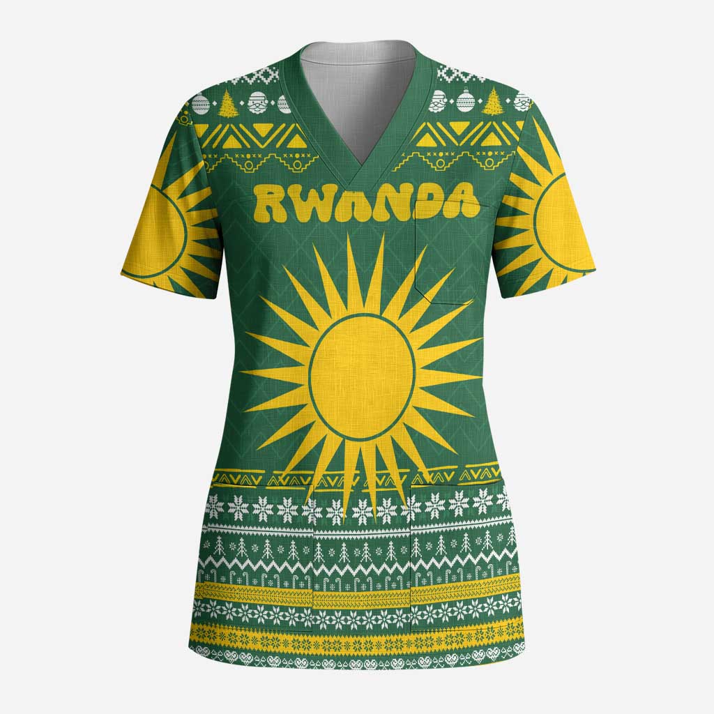 Rwanda Christmas Scrub Top with Green-Yellow Pattern, National Emblem, and Radiant Sun Motif - Wonder Print Shop