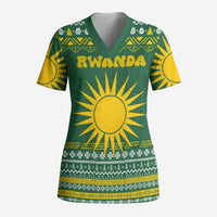 Rwanda Christmas Scrub Top with Green-Yellow Pattern, National Emblem, and Radiant Sun Motif - Wonder Print Shop