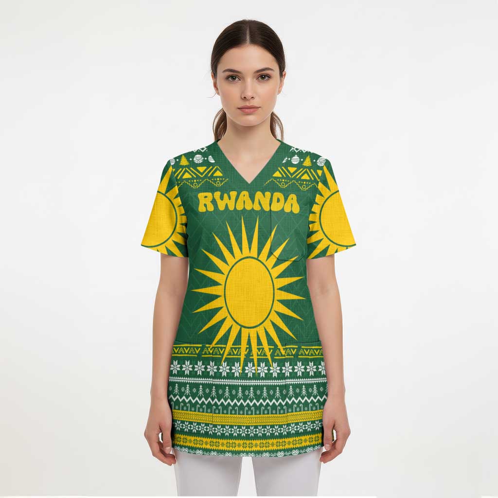 Rwanda Christmas Scrub Top with Green-Yellow Pattern, National Emblem, and Radiant Sun Motif - Wonder Print Shop