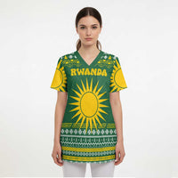 Rwanda Christmas Scrub Top with Green-Yellow Pattern, National Emblem, and Radiant Sun Motif - Wonder Print Shop