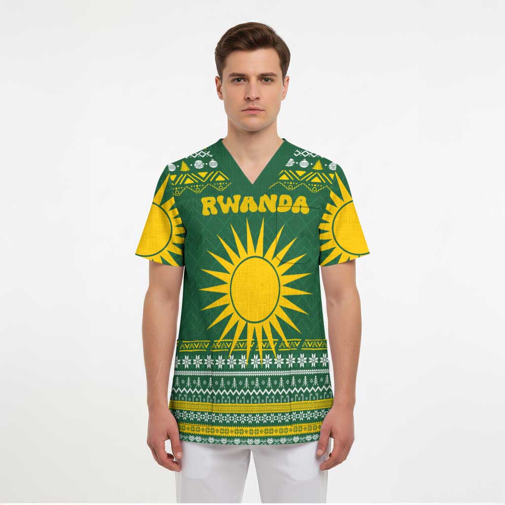 Rwanda Christmas Scrub Top with Green-Yellow Pattern, National Emblem, and Radiant Sun Motif - Wonder Print Shop