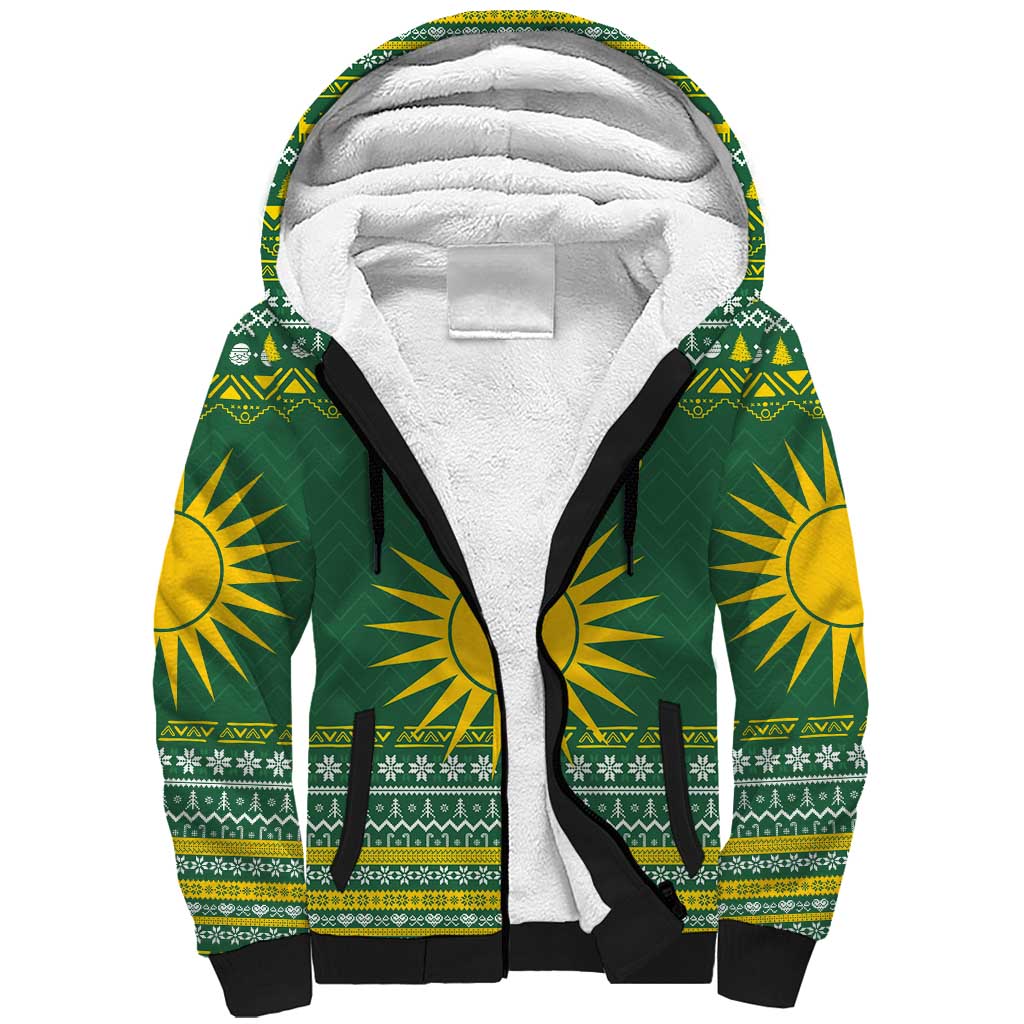 Rwanda Christmas Sherpa Hoodie with Green-Yellow Pattern, National Emblem, and Radiant Sun Motif - Wonder Print Shop