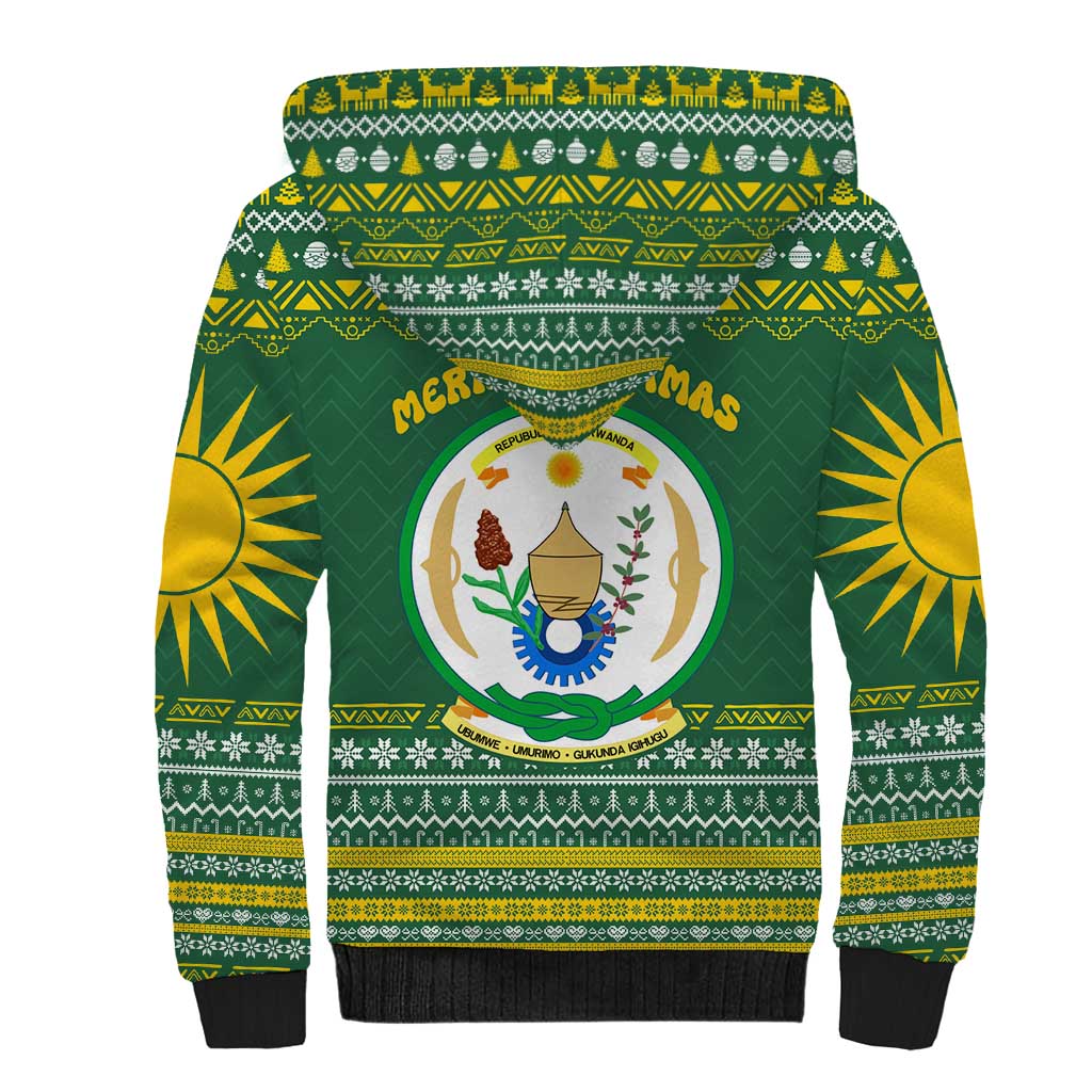 Rwanda Christmas Sherpa Hoodie with Green-Yellow Pattern, National Emblem, and Radiant Sun Motif - Wonder Print Shop