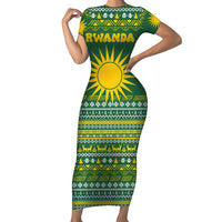 Rwanda Christmas Short Sleeve Bodycon Dress with Green-Yellow Pattern, National Emblem, and Radiant Sun Motif - Wonder Print Shop