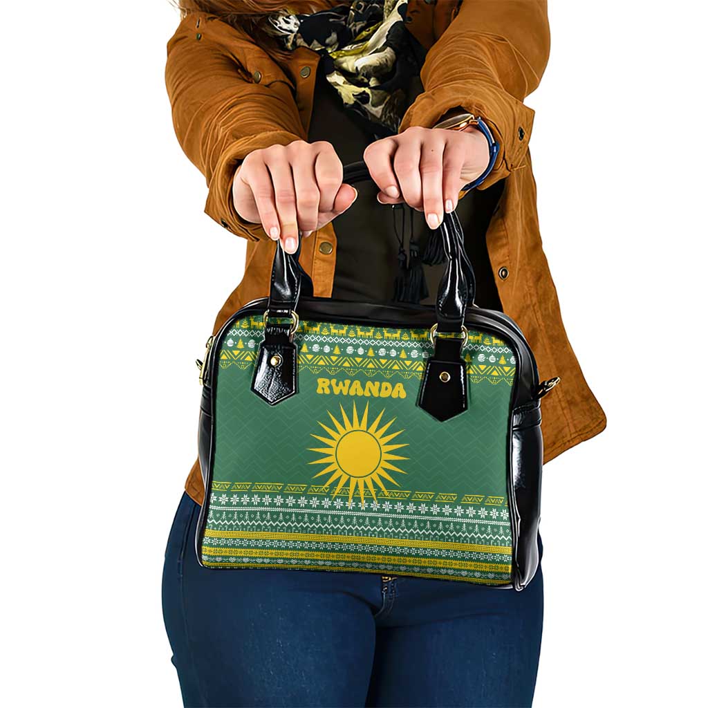 Rwanda Christmas Shoulder Handbag with Green-Yellow Pattern, National Emblem, and Radiant Sun Motif - Wonder Print Shop