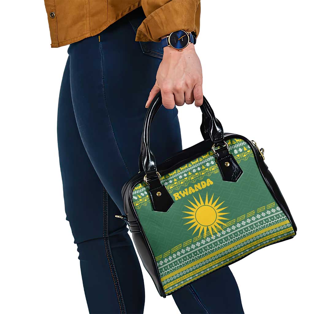 Rwanda Christmas Shoulder Handbag with Green-Yellow Pattern, National Emblem, and Radiant Sun Motif - Wonder Print Shop