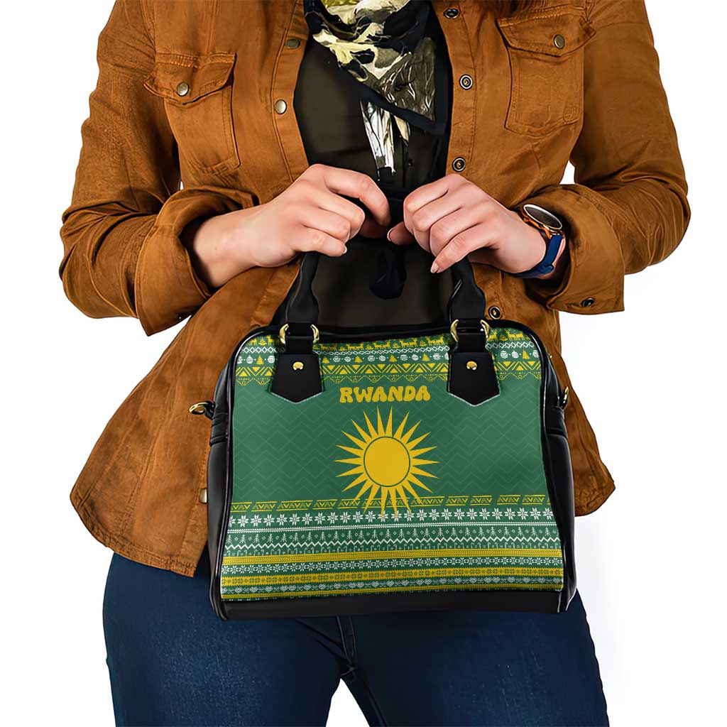 Rwanda Christmas Shoulder Handbag with Green-Yellow Pattern, National Emblem, and Radiant Sun Motif - Wonder Print Shop