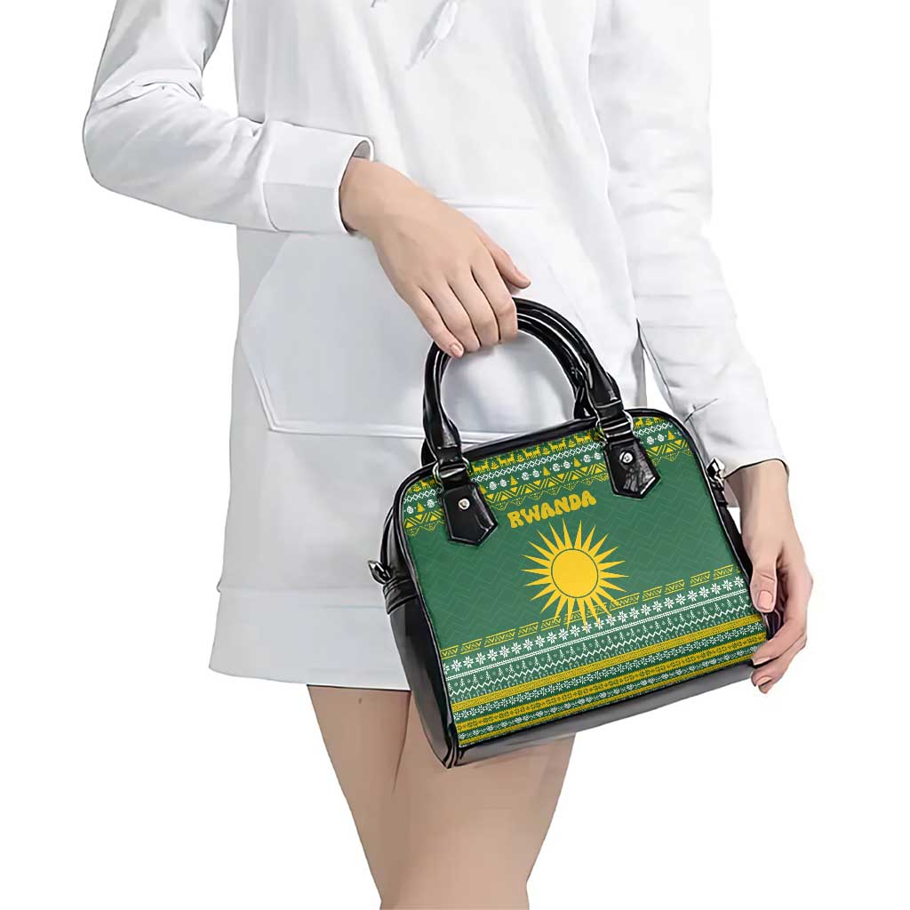 Rwanda Christmas Shoulder Handbag with Green-Yellow Pattern, National Emblem, and Radiant Sun Motif - Wonder Print Shop