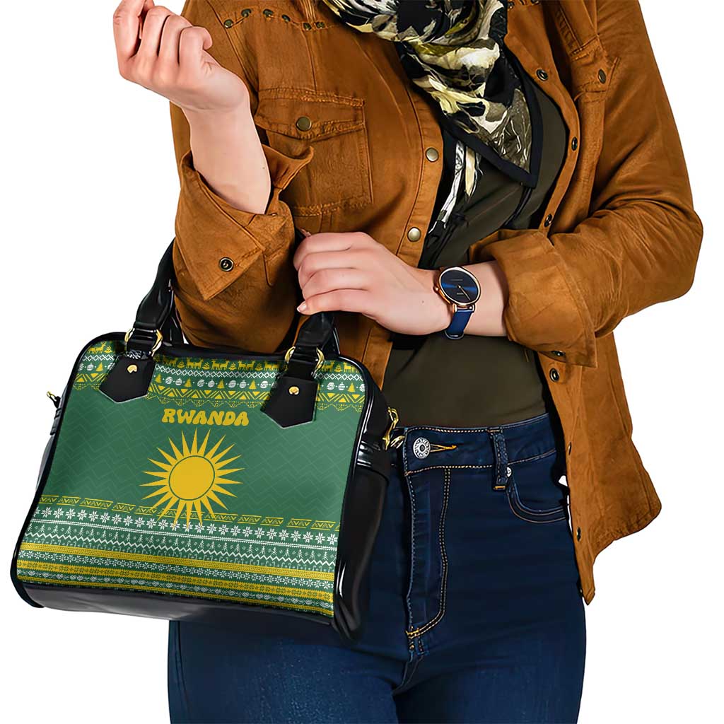 Rwanda Christmas Shoulder Handbag with Green-Yellow Pattern, National Emblem, and Radiant Sun Motif - Wonder Print Shop