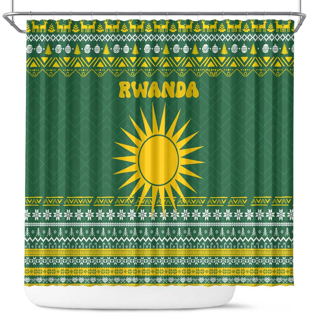 Rwanda Christmas Shower Curtain with Green-Yellow Pattern, National Emblem, and Radiant Sun Motif - Wonder Print Shop