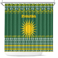 Rwanda Christmas Shower Curtain with Green-Yellow Pattern, National Emblem, and Radiant Sun Motif - Wonder Print Shop