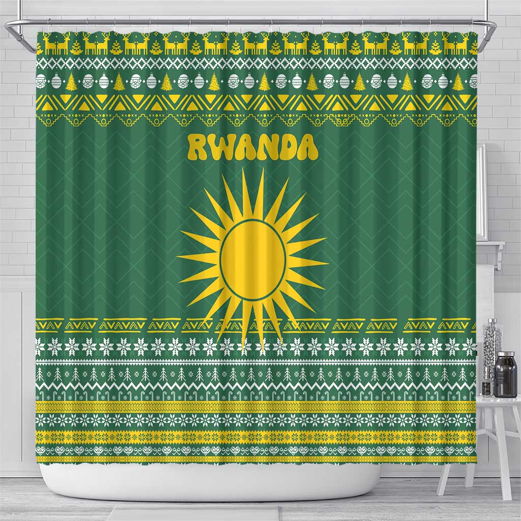 Rwanda Christmas Shower Curtain with Green-Yellow Pattern, National Emblem, and Radiant Sun Motif - Wonder Print Shop
