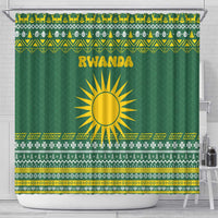 Rwanda Christmas Shower Curtain with Green-Yellow Pattern, National Emblem, and Radiant Sun Motif - Wonder Print Shop