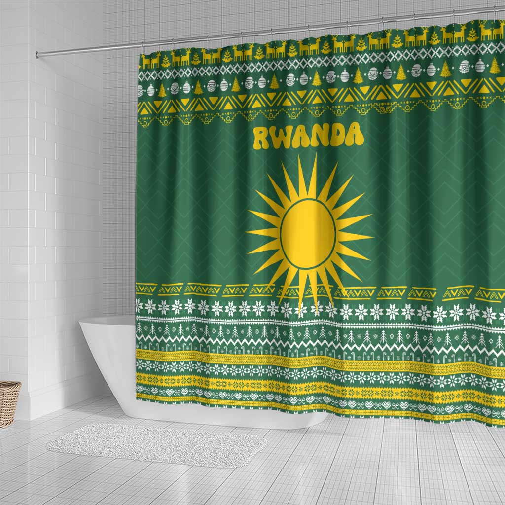 Rwanda Christmas Shower Curtain with Green-Yellow Pattern, National Emblem, and Radiant Sun Motif - Wonder Print Shop