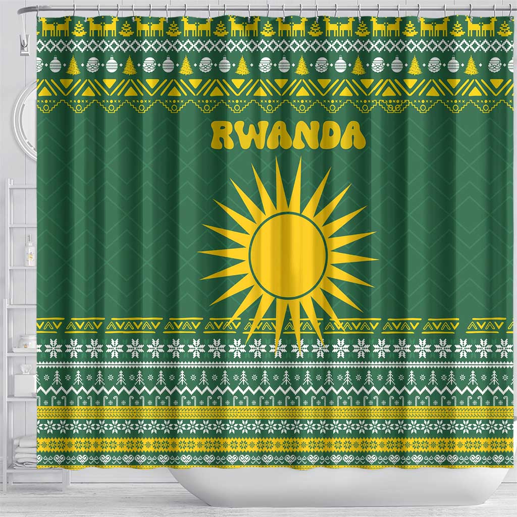 Rwanda Christmas Shower Curtain with Green-Yellow Pattern, National Emblem, and Radiant Sun Motif - Wonder Print Shop