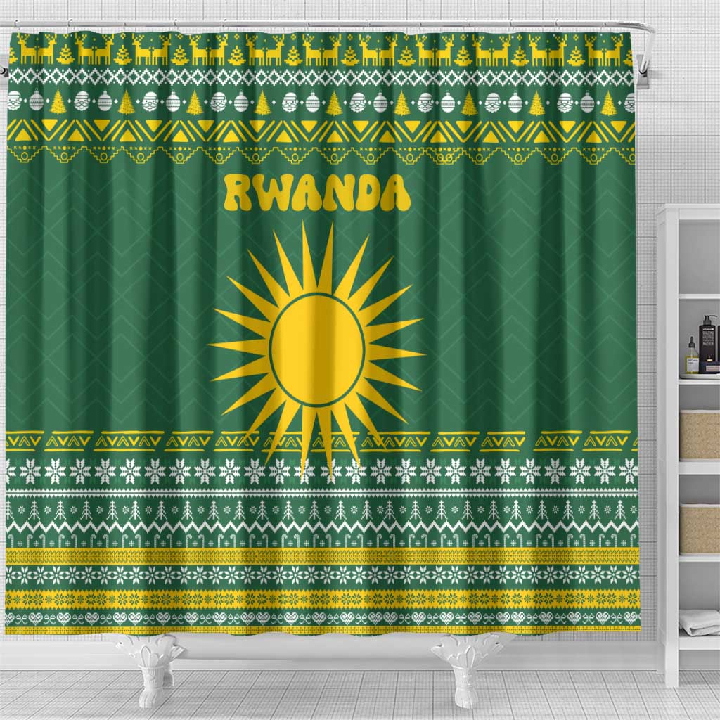 Rwanda Christmas Shower Curtain with Green-Yellow Pattern, National Emblem, and Radiant Sun Motif - Wonder Print Shop