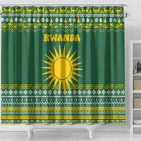 Rwanda Christmas Shower Curtain with Green-Yellow Pattern, National Emblem, and Radiant Sun Motif - Wonder Print Shop