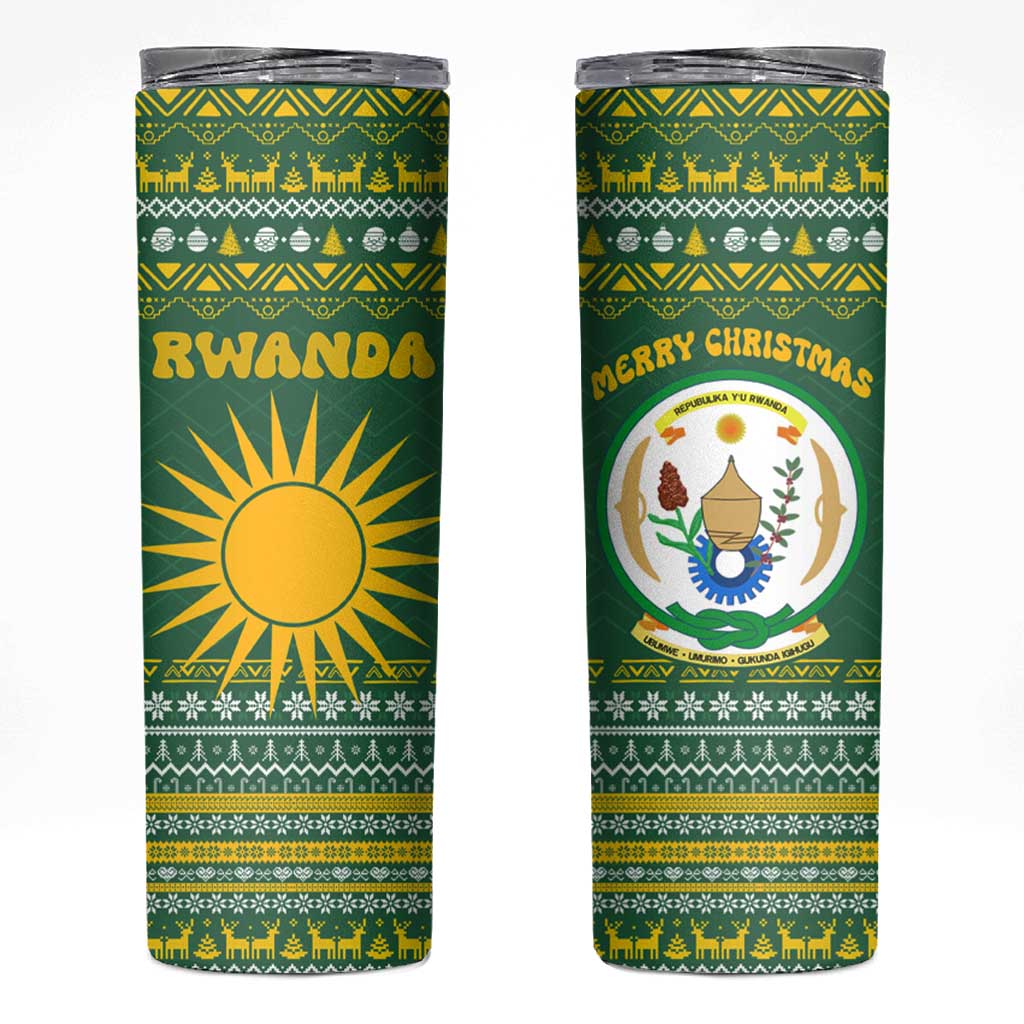 Rwanda Christmas Skinny Tumbler with Green-Yellow Pattern, National Emblem, and Radiant Sun Motif - Wonder Print Shop