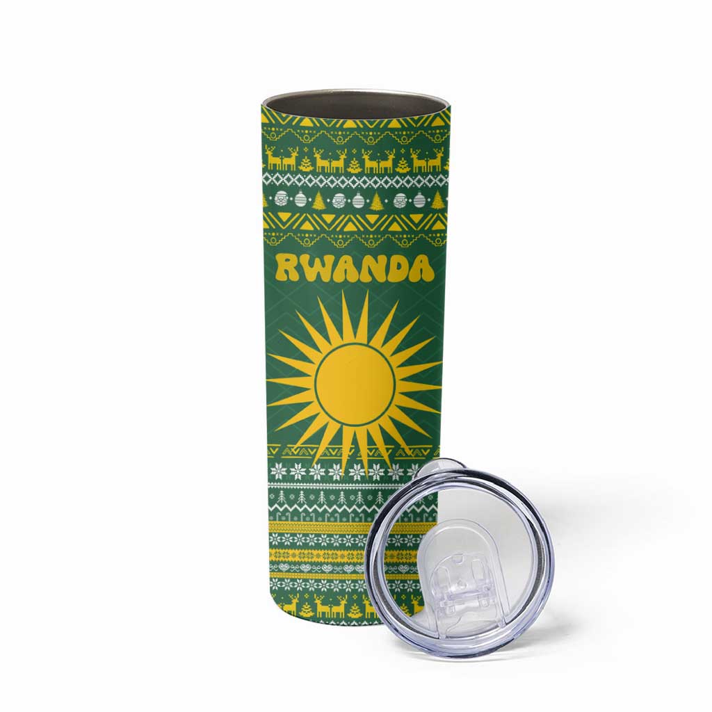 Rwanda Christmas Skinny Tumbler with Green-Yellow Pattern, National Emblem, and Radiant Sun Motif - Wonder Print Shop
