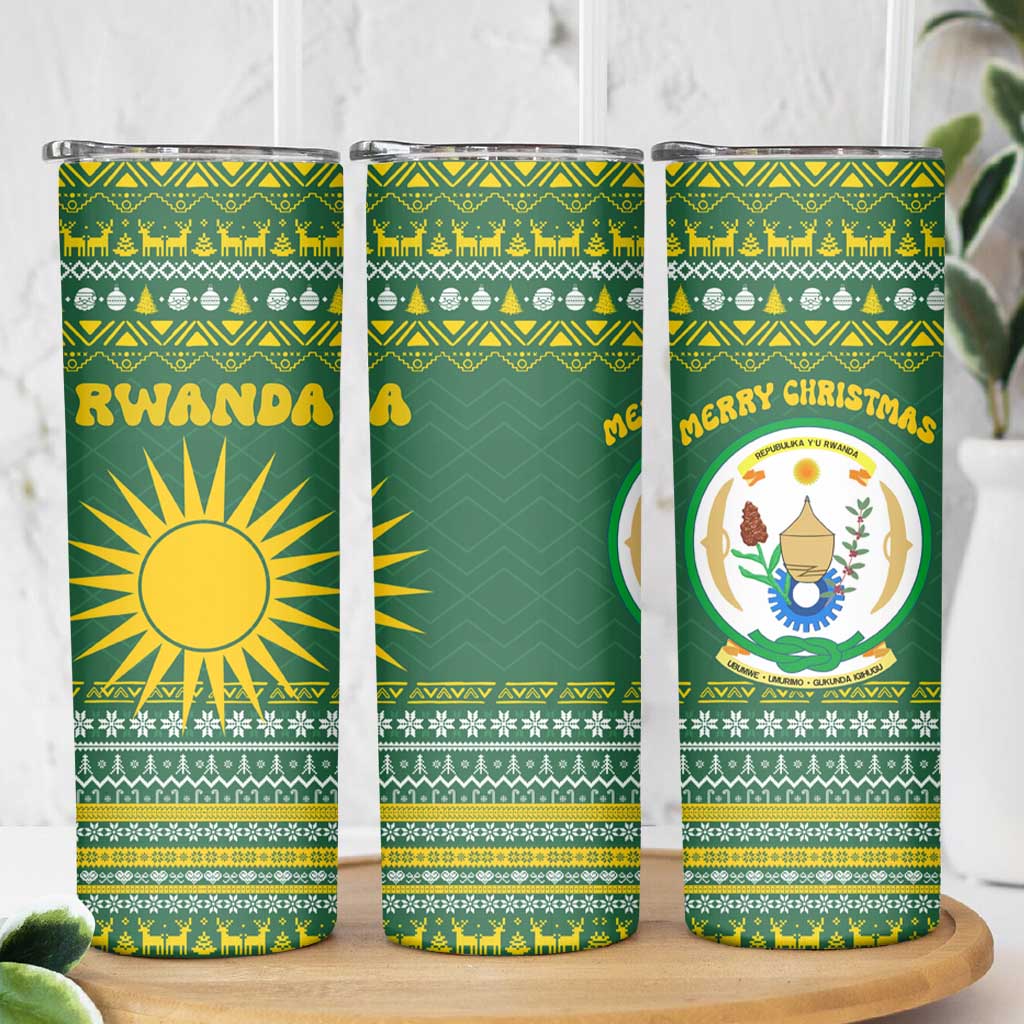 Rwanda Christmas Skinny Tumbler with Green-Yellow Pattern, National Emblem, and Radiant Sun Motif - Wonder Print Shop