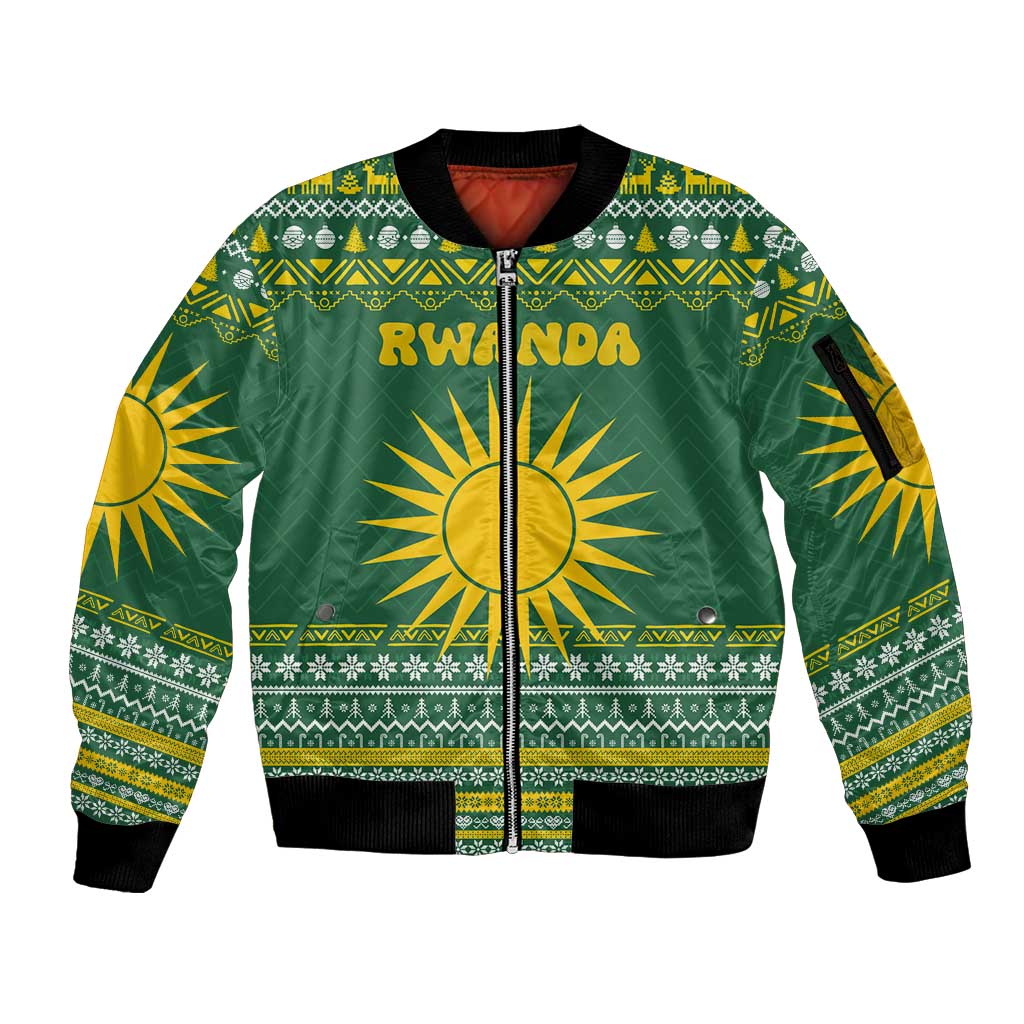 Rwanda Christmas Sleeve Zip Bomber Jacket with Green-Yellow Pattern, National Emblem, and Radiant Sun Motif - Wonder Print Shop