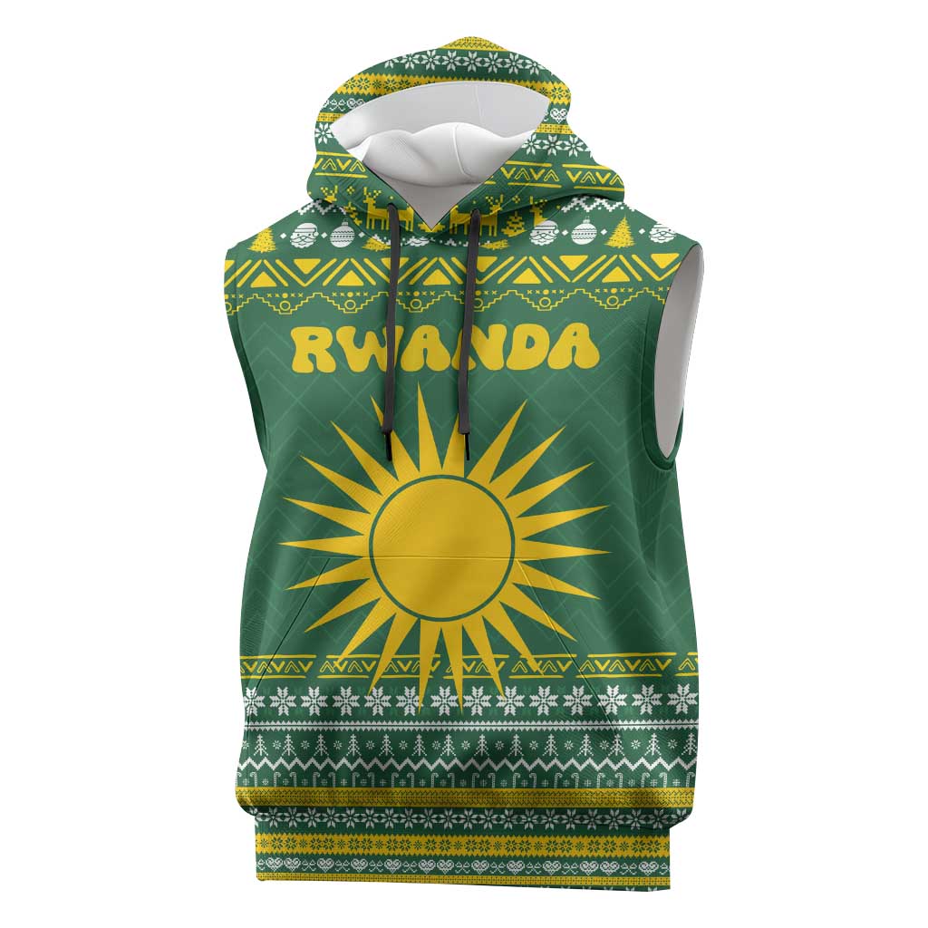 Rwanda Christmas Sleeveless Hoodie with Green-Yellow Pattern, National Emblem, and Radiant Sun Motif - Wonder Print Shop