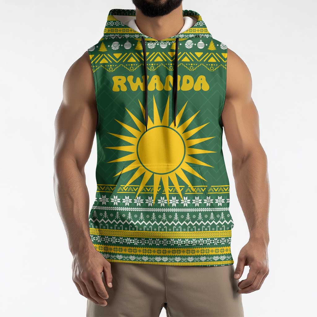 Rwanda Christmas Sleeveless Hoodie with Green-Yellow Pattern, National Emblem, and Radiant Sun Motif - Wonder Print Shop