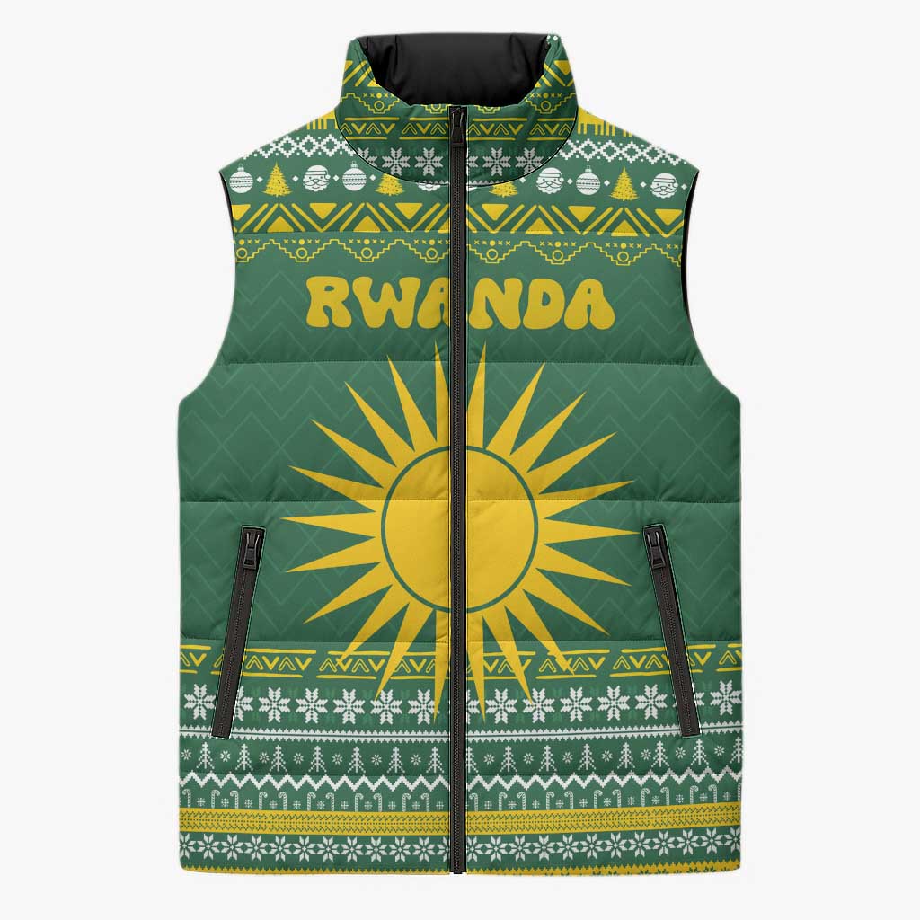 Rwanda Christmas Sleeveless Puffer Jacket with Green-Yellow Pattern, National Emblem, and Radiant Sun Motif - Wonder Print Shop
