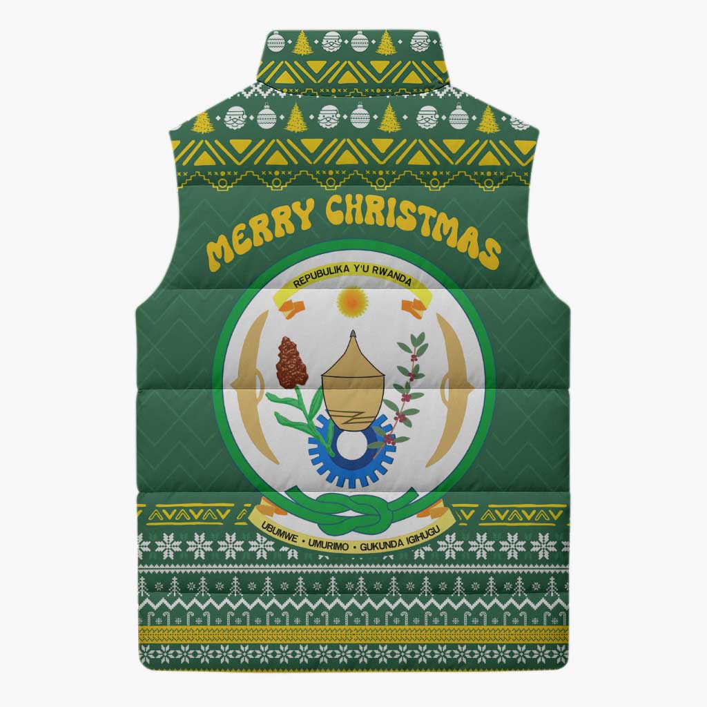 Rwanda Christmas Sleeveless Puffer Jacket with Green-Yellow Pattern, National Emblem, and Radiant Sun Motif - Wonder Print Shop