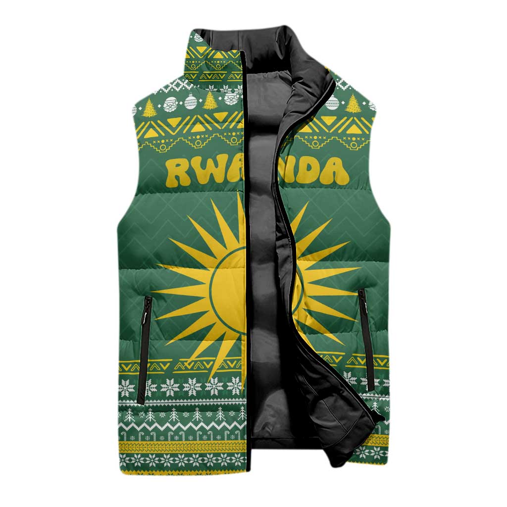 Rwanda Christmas Sleeveless Puffer Jacket with Green-Yellow Pattern, National Emblem, and Radiant Sun Motif - Wonder Print Shop