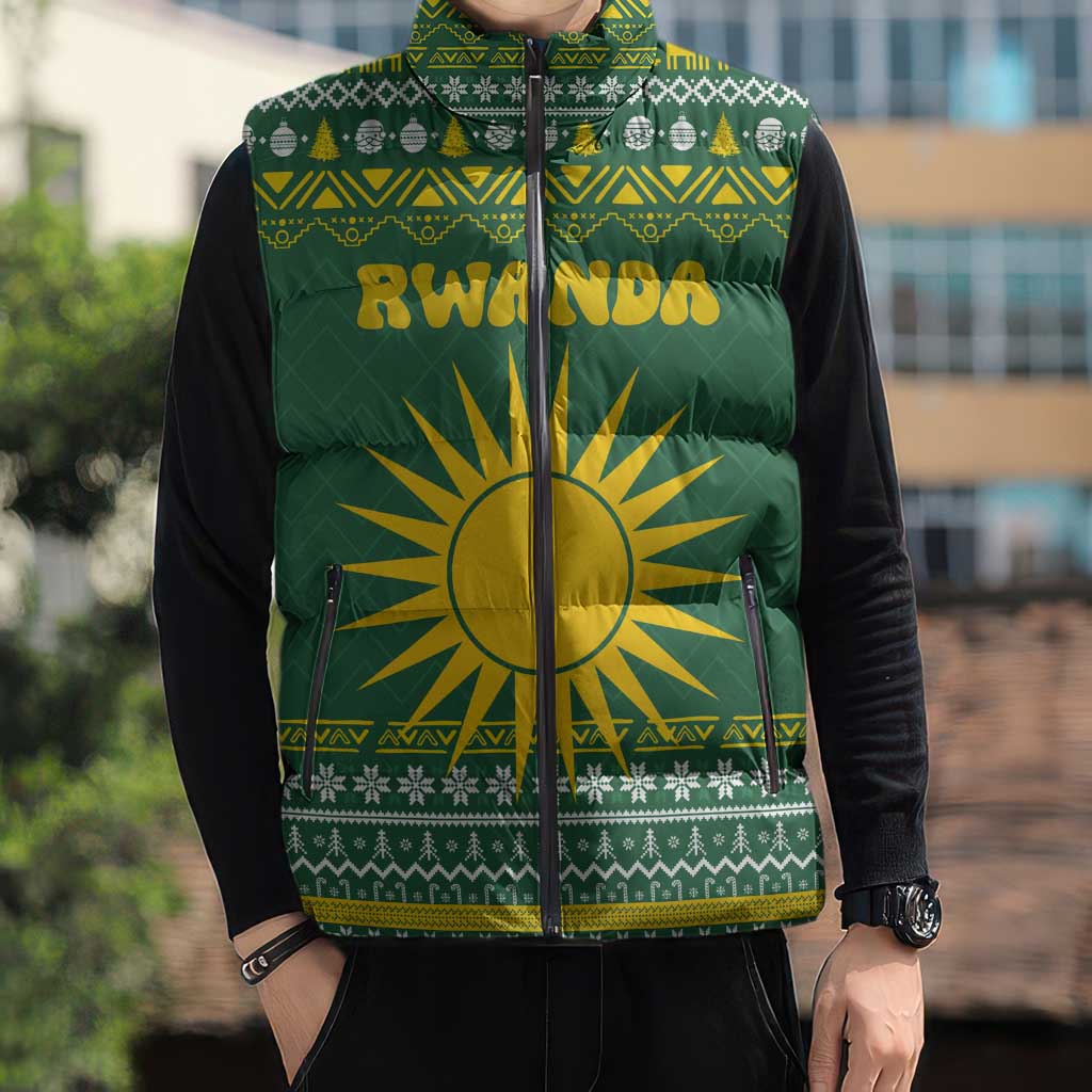 Rwanda Christmas Sleeveless Puffer Jacket with Green-Yellow Pattern, National Emblem, and Radiant Sun Motif - Wonder Print Shop