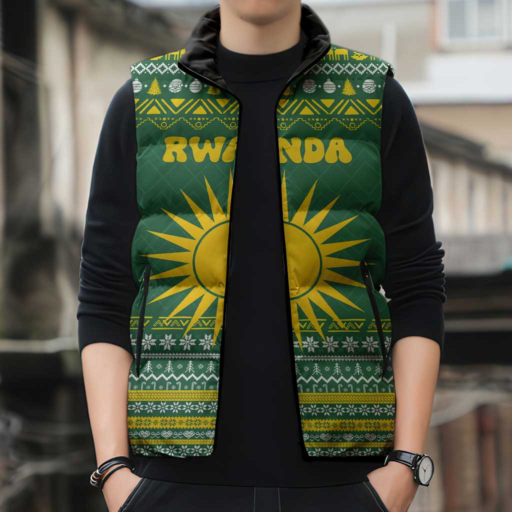 Rwanda Christmas Sleeveless Puffer Jacket with Green-Yellow Pattern, National Emblem, and Radiant Sun Motif - Wonder Print Shop