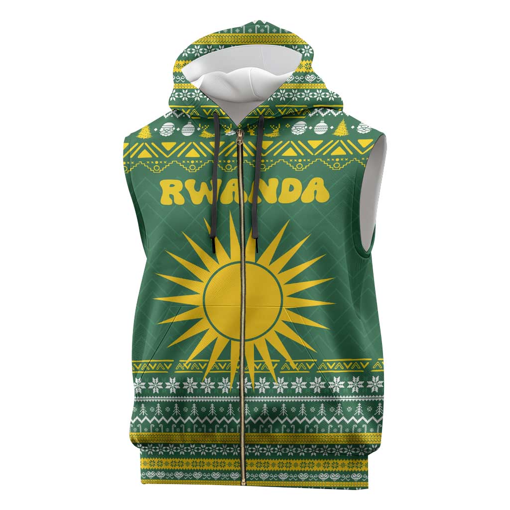 Rwanda Christmas Sleeveless Zip Hoodie with Green-Yellow Pattern, National Emblem, and Radiant Sun Motif - Wonder Print Shop