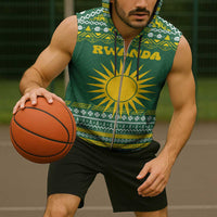 Rwanda Christmas Sleeveless Zip Hoodie with Green-Yellow Pattern, National Emblem, and Radiant Sun Motif - Wonder Print Shop