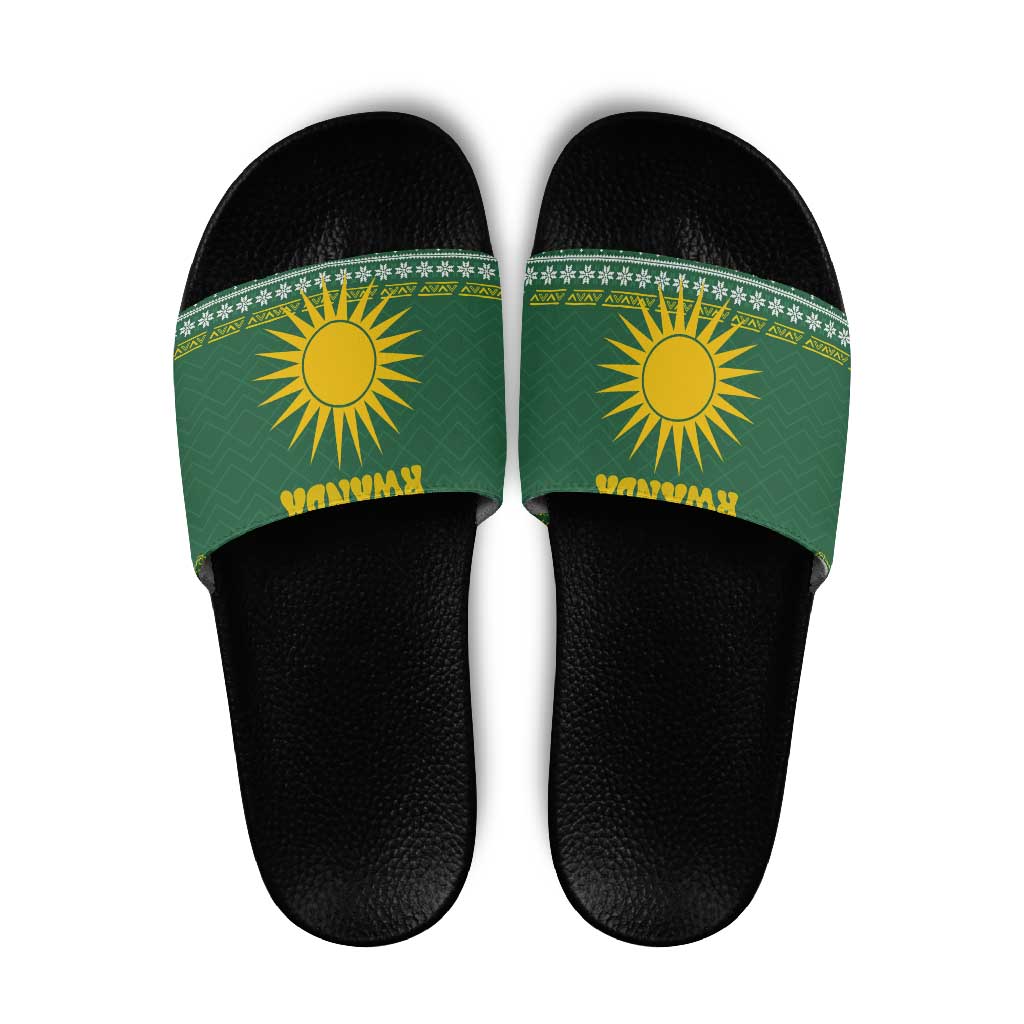 Rwanda Christmas Slide Sandals with Green-Yellow Pattern, National Emblem, and Radiant Sun Motif - Wonder Print Shop