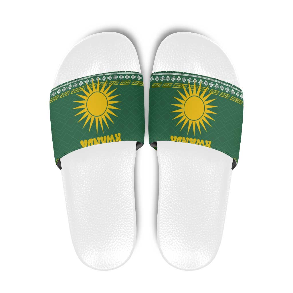 Rwanda Christmas Slide Sandals with Green-Yellow Pattern, National Emblem, and Radiant Sun Motif - Wonder Print Shop