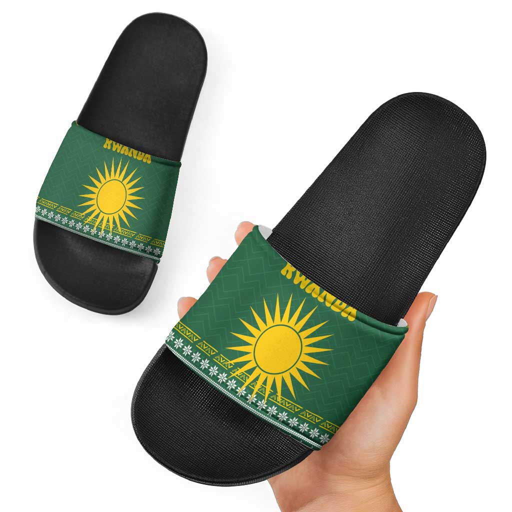 Rwanda Christmas Slide Sandals with Green-Yellow Pattern, National Emblem, and Radiant Sun Motif - Wonder Print Shop
