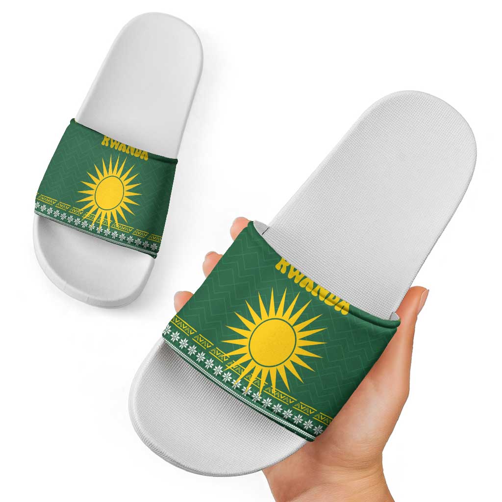 Rwanda Christmas Slide Sandals with Green-Yellow Pattern, National Emblem, and Radiant Sun Motif - Wonder Print Shop