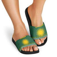 Rwanda Christmas Slide Sandals with Green-Yellow Pattern, National Emblem, and Radiant Sun Motif - Wonder Print Shop