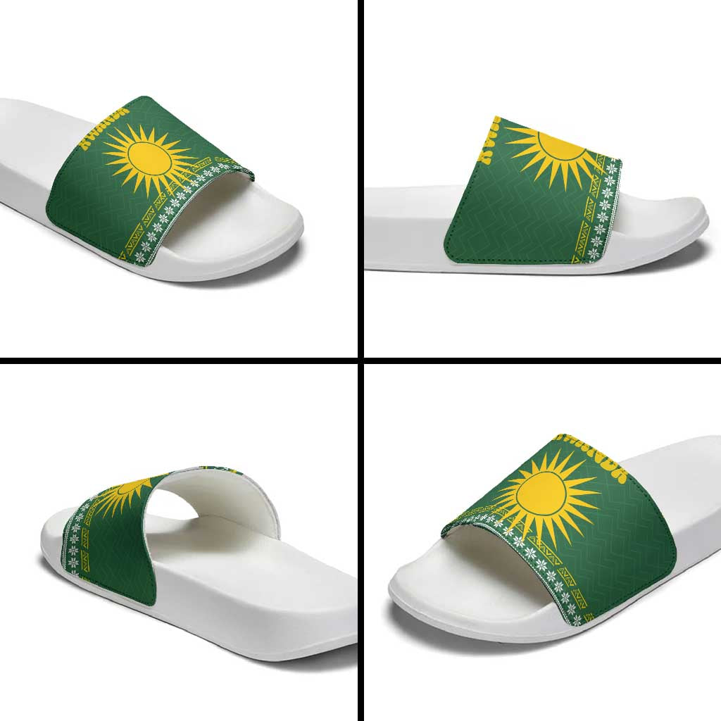 Rwanda Christmas Slide Sandals with Green-Yellow Pattern, National Emblem, and Radiant Sun Motif - Wonder Print Shop