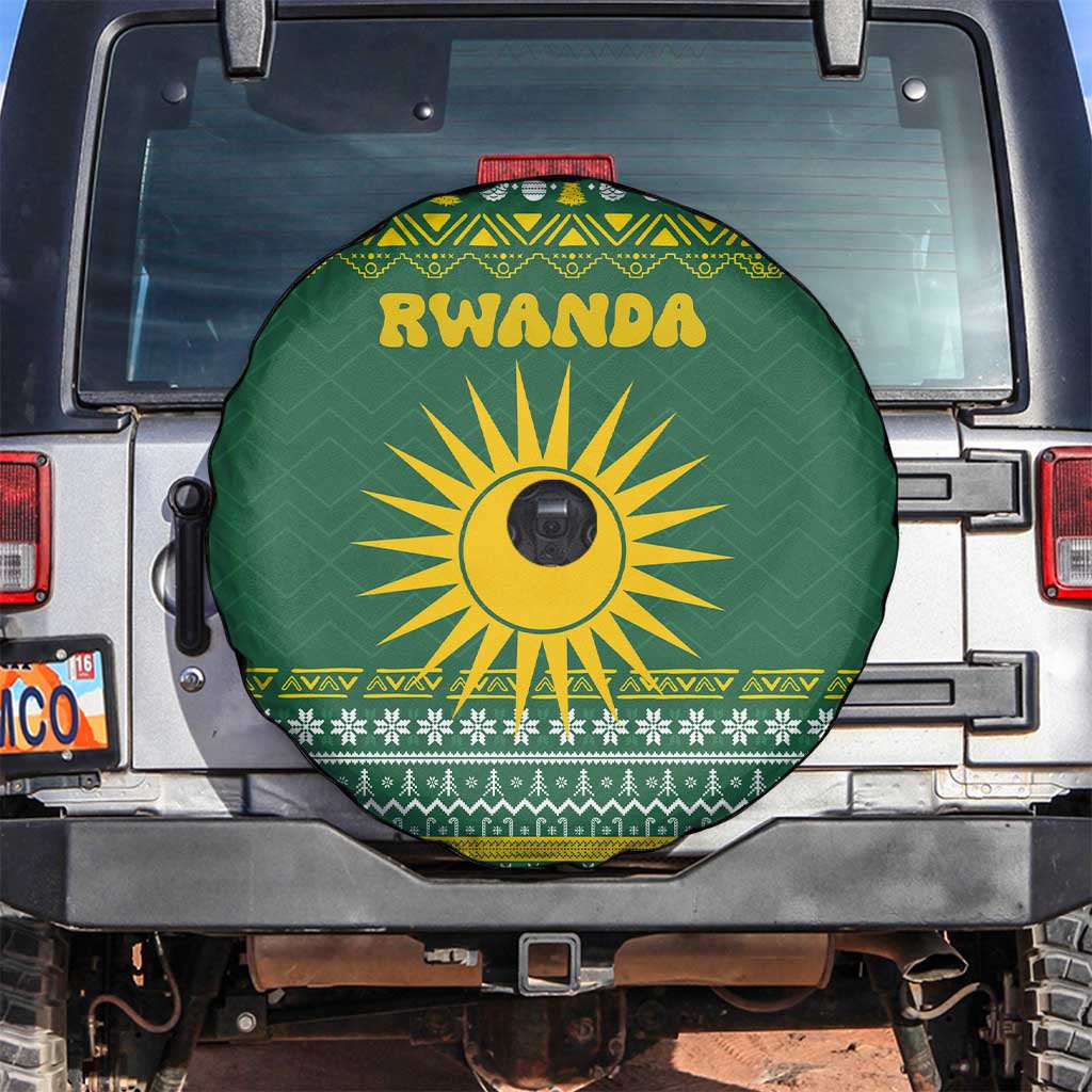 Rwanda Christmas Spare Tire Cover with Green-Yellow Pattern, National Emblem, and Radiant Sun Motif - Wonder Print Shop