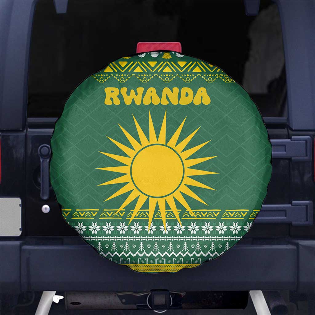 Rwanda Christmas Spare Tire Cover with Green-Yellow Pattern, National Emblem, and Radiant Sun Motif - Wonder Print Shop