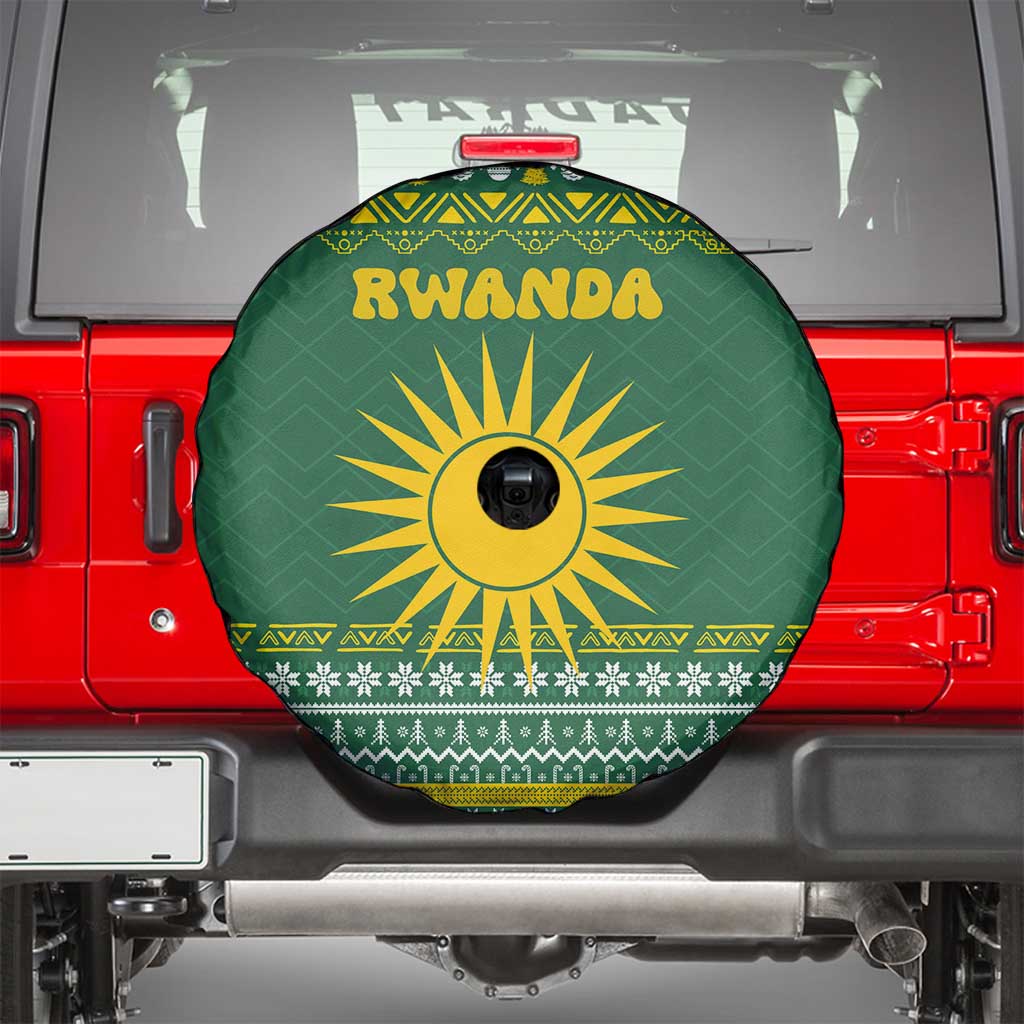 Rwanda Christmas Spare Tire Cover with Green-Yellow Pattern, National Emblem, and Radiant Sun Motif - Wonder Print Shop