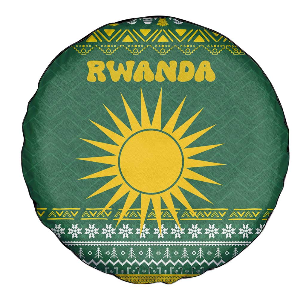 Rwanda Christmas Spare Tire Cover with Green-Yellow Pattern, National Emblem, and Radiant Sun Motif - Wonder Print Shop