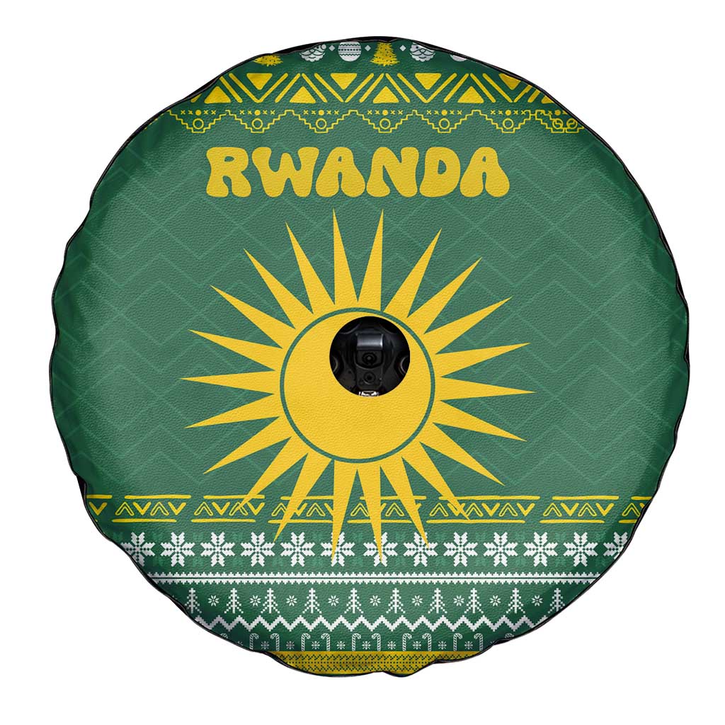 Rwanda Christmas Spare Tire Cover with Green-Yellow Pattern, National Emblem, and Radiant Sun Motif - Wonder Print Shop