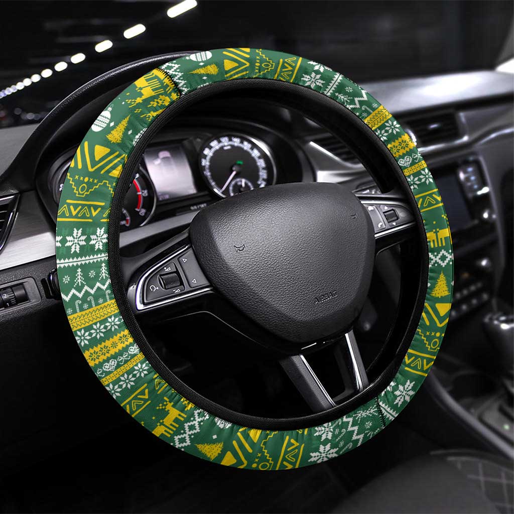 Rwanda Christmas Steering Wheel Cover with Green-Yellow Pattern, National Emblem, and Radiant Sun Motif - Wonder Print Shop