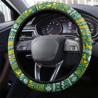 Rwanda Christmas Steering Wheel Cover with Green-Yellow Pattern, National Emblem, and Radiant Sun Motif - Wonder Print Shop