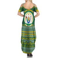 Rwanda Christmas Summer Maxi Dress with Green-Yellow Pattern, National Emblem, and Radiant Sun Motif - Wonder Print Shop