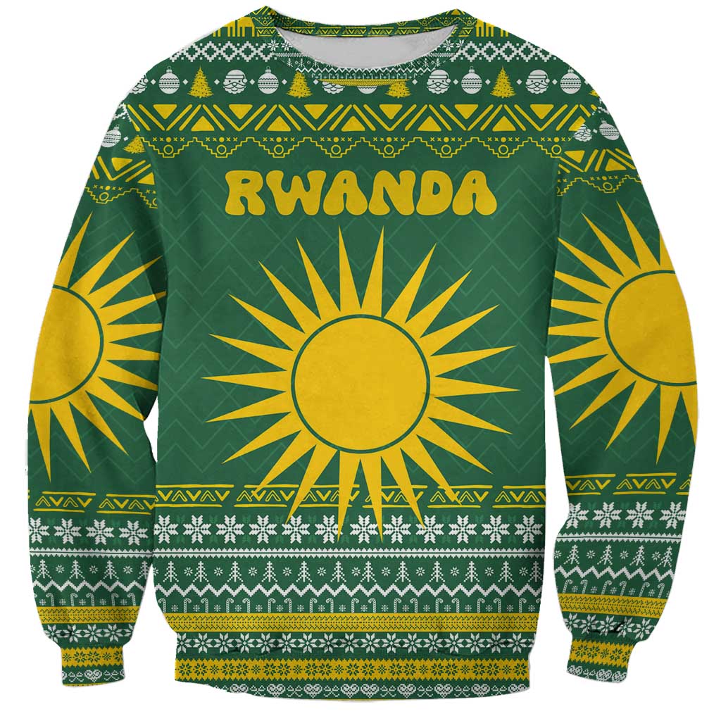 Rwanda Christmas Sweatshirt with Green-Yellow Pattern, National Emblem, and Radiant Sun Motif - Wonder Print Shop